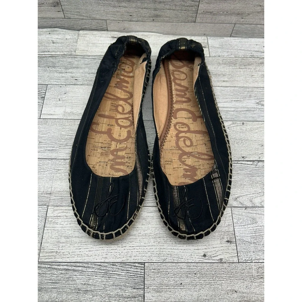 Sam‎ Edelman Jessa Striped Espadrille Flats Casual Black Gold Women's Size 8M